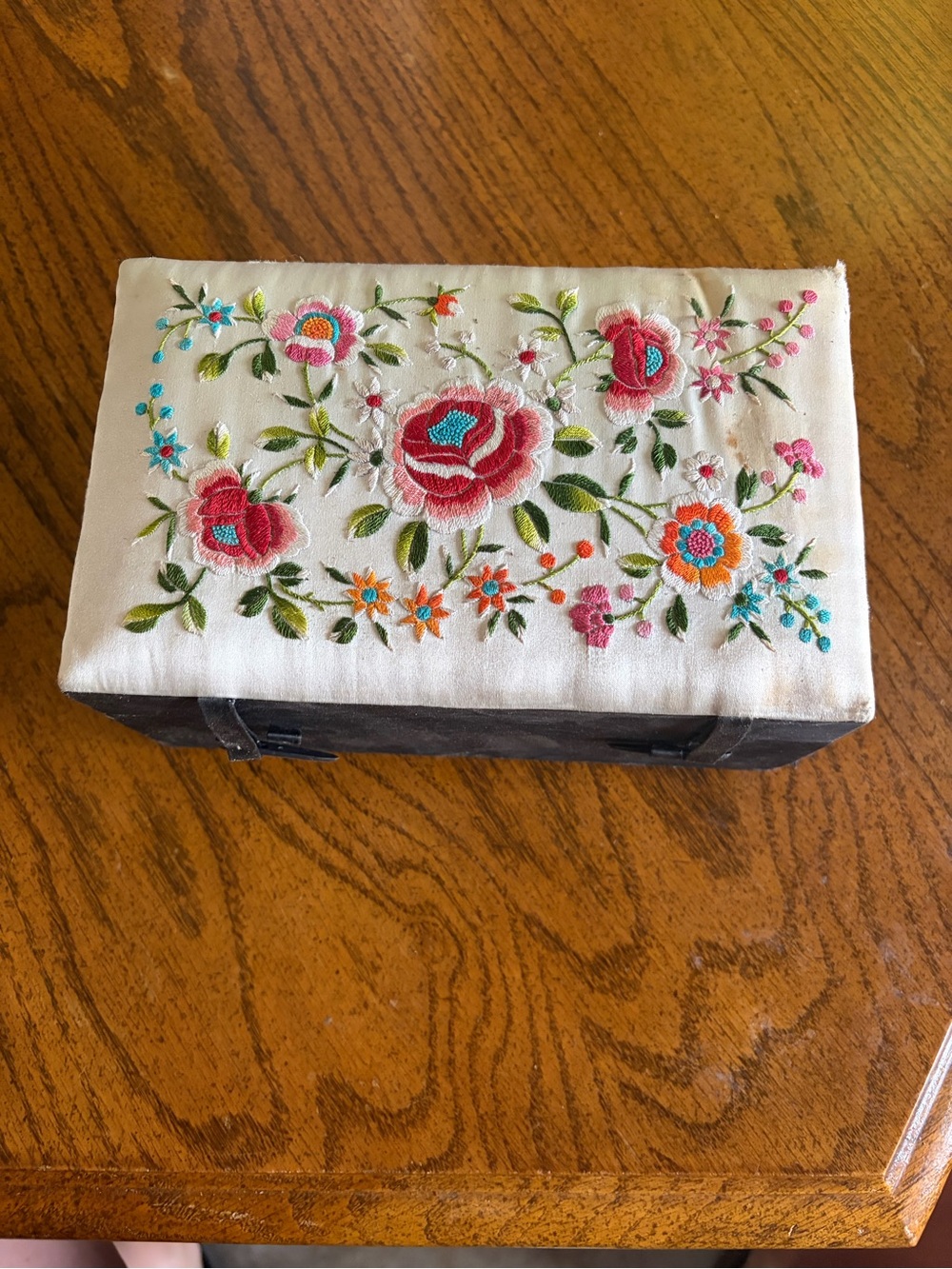 Embroidered Floral Jewelry Box - Cream with Pink & Turquoise Flowers